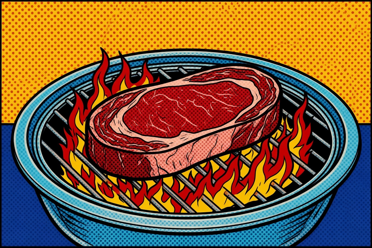 Pop-art ribeye steak on a tabletop grill